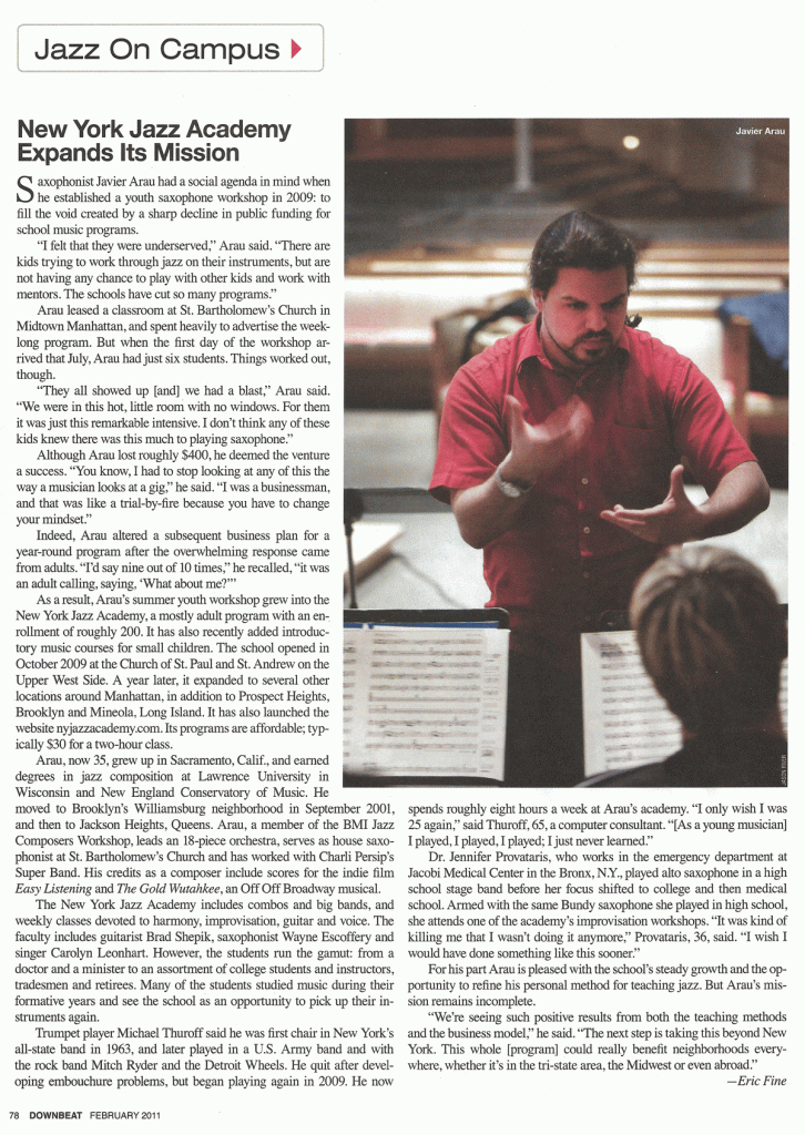 New York Jazz Acadey DownBeat Magazine Article